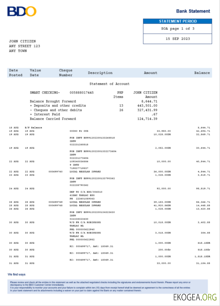 Relevé bancaire BDO Philippines Word et PDF, version 2